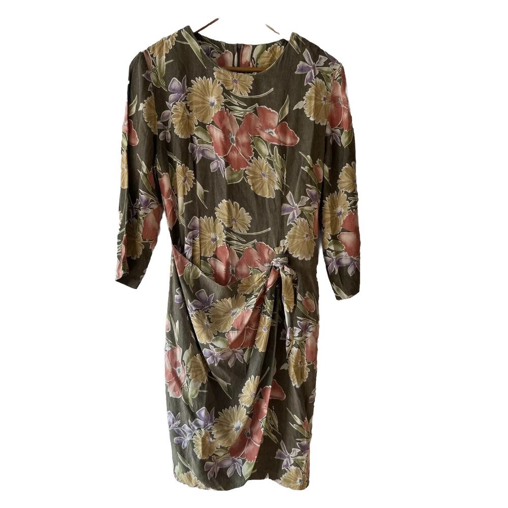 Vintage 80s Earth Tone Floral Midi Wrap Dress Cottagecore Romantic M